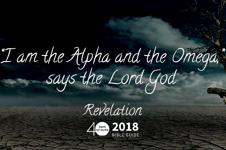 background: cracked earth, dead tree. text: I am the alpha and the omega says the Lord God.