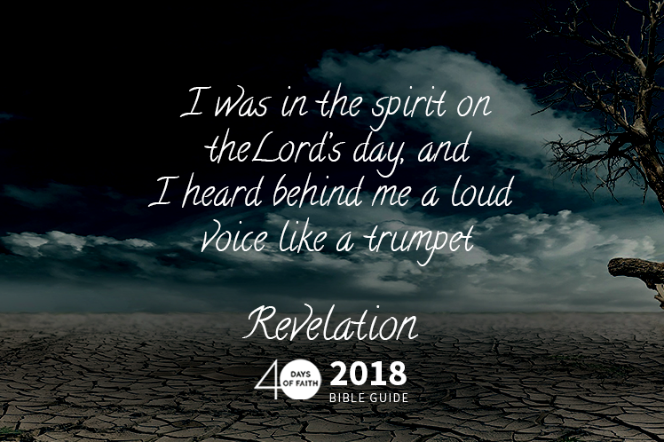 background: cracked earth, dead tree. text: I was in the spirit on theLord’s day, and I heard behind me a loud voice like a trumpet