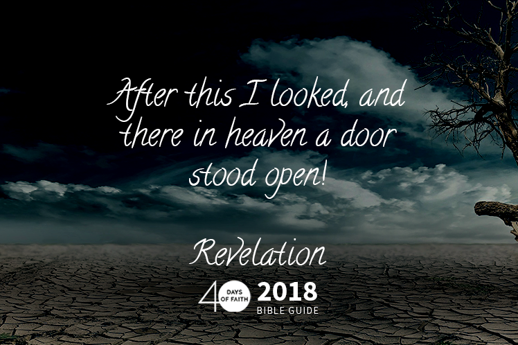 background: cracked earth, dead tree. text: After this I looked, and there in heaven a door stood open!