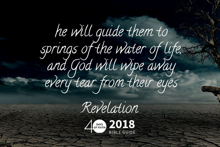 background: cracked earth, dead tree; text: he will guide them to springs of the water of life, and God will wipe away every tear from their eyes