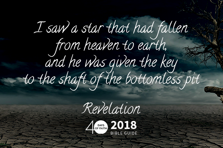 background: cracked earth, dead tree; text: I saw a star that had fallen from heaven to earth, and he was given the key to the shaft of the bottomless pit