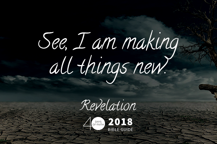 background: cracked earth, dead tree. text: see, i am making all things new