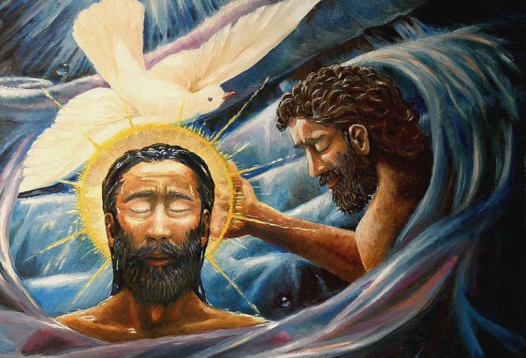 Painting of Christ figure (head and shoulders) with dove above his head. Another man reaching out and placing hand on head. Blue swirls surrounding.