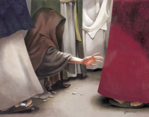 Picture of cloaked person reaching out a hand to touch the bottom of a red robe. Other figures' robes are visible.