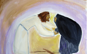 Image of man in white robe and woman in blue robe bent towards each other, smiling and holding hands.