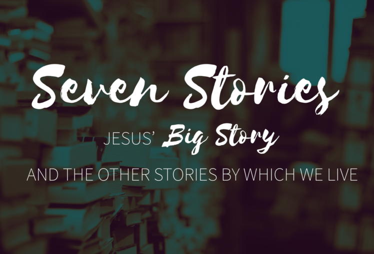 Darkened image of book stacks. Text reads "Seven Stories: Jesus' Big Story and the Other Stories By Which We Live"