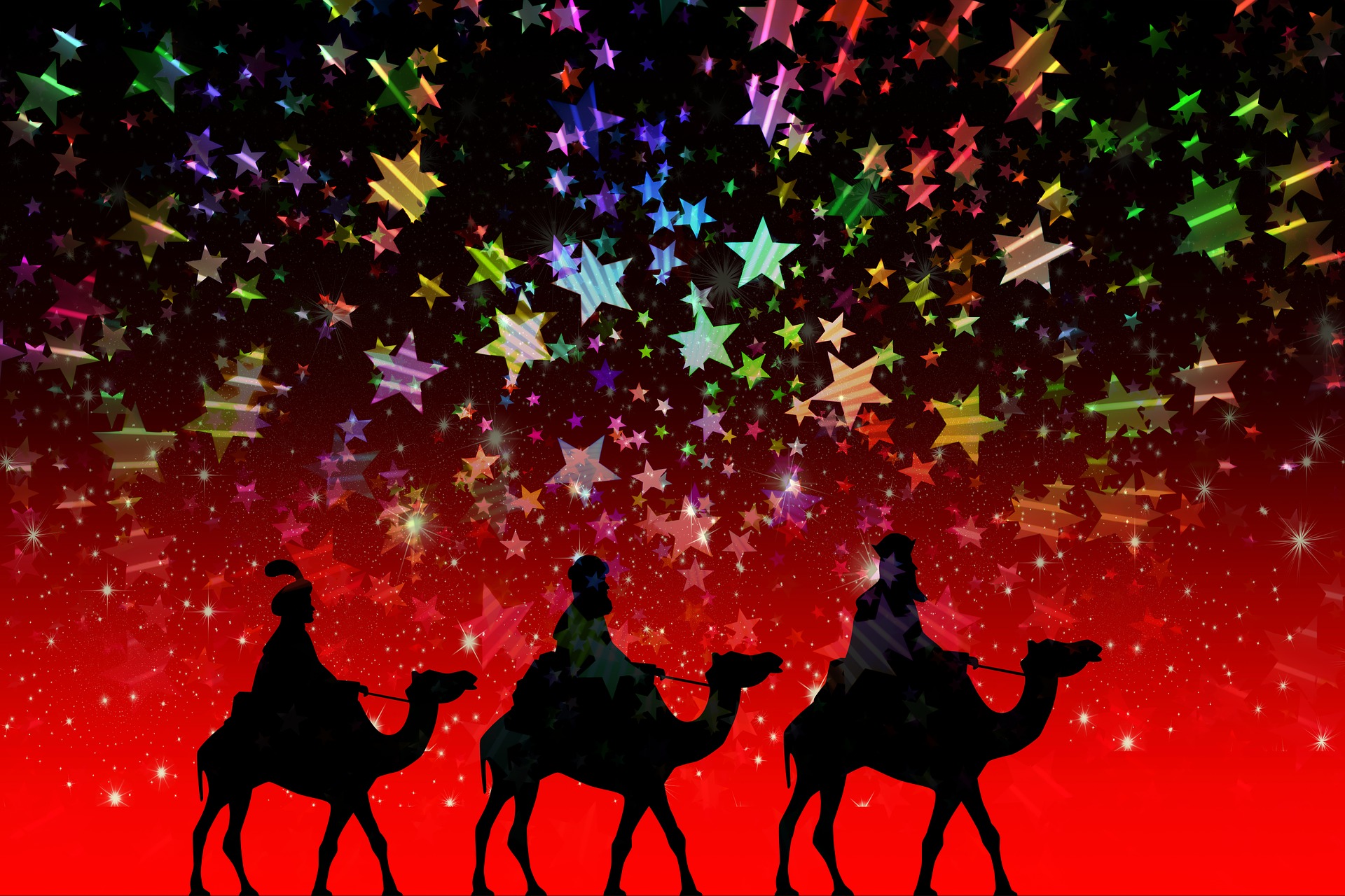 Silhouette of three kings on camels against red/black night sky. Multicolored stars above silhouettes.