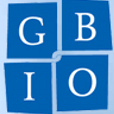 Square with blue background and four letters in white: GBIO.