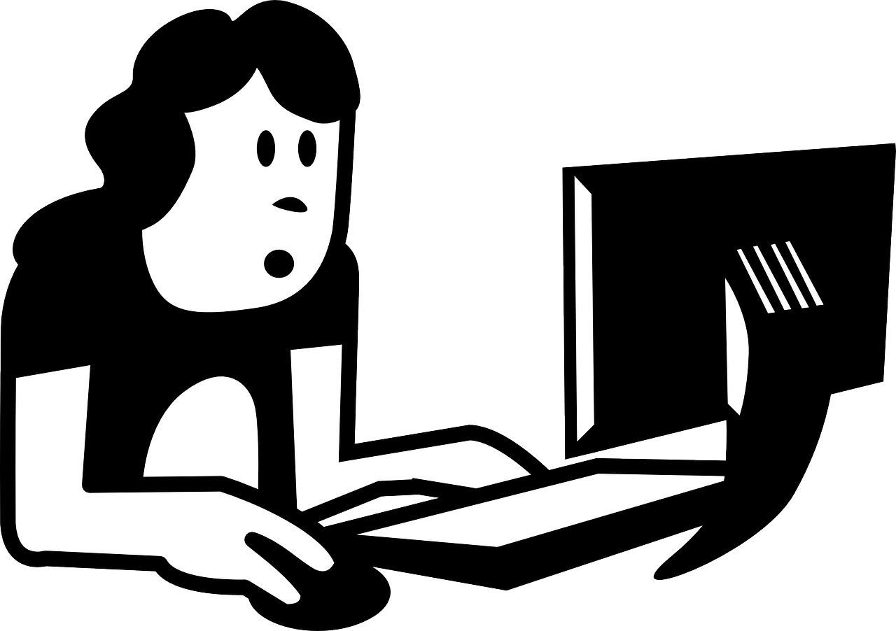 black and white drawing of person looking at computer screen