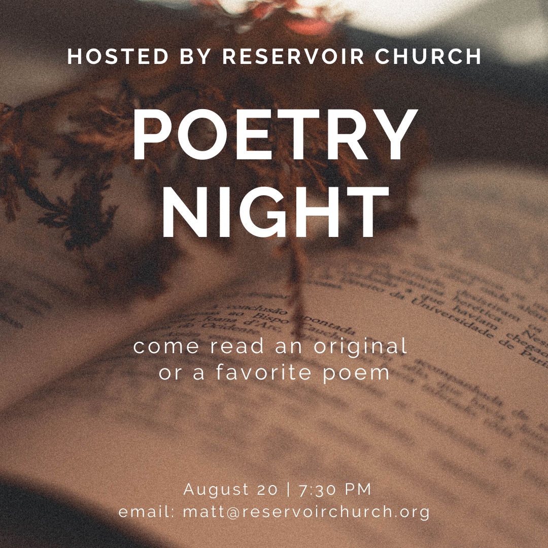 close up photo of open book. Text reads: "Poetry night: hosted by Reservoir Church"