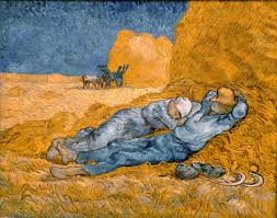 Two people napping against yellow haystacks. Painting by Vincent VanGogh